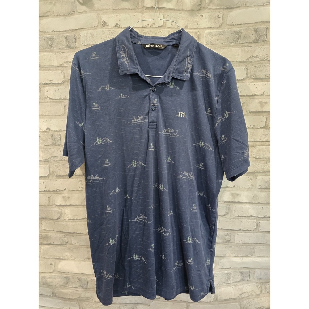 Travis Mathew Golf Polo Shirt Mens XL Blue Fun And Games Boat All Over Print